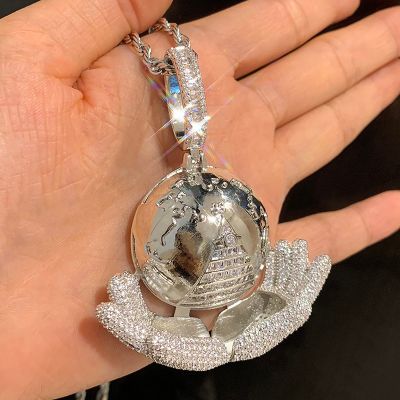 Iced Out Hand Holding World Pyramid Baguette Pendant