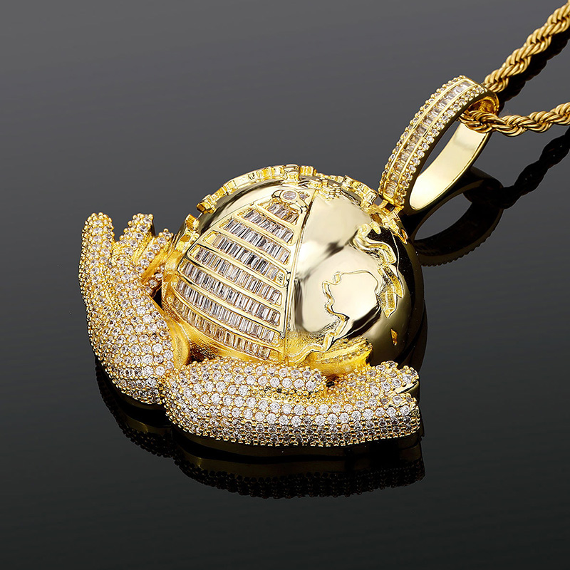 Iced Out Hand Holding World Pyramid Baguette Pendant