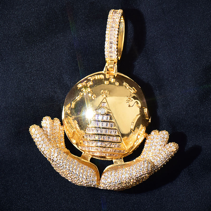 Iced Out Hand Holding World Pyramid Baguette Pendant