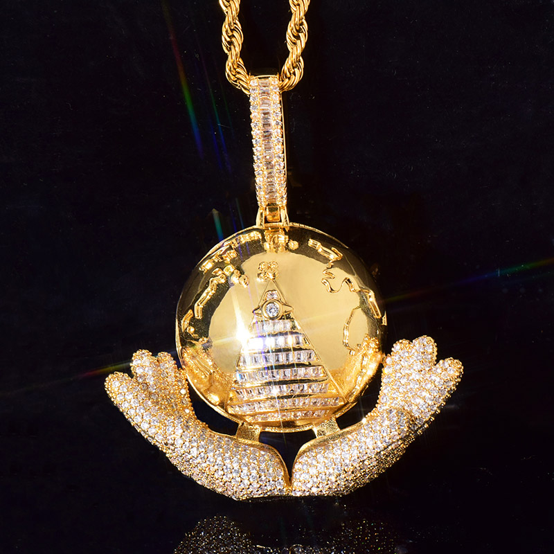 Iced Out Hand Holding World Pyramid Baguette Pendant