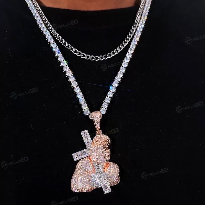 Iced Out Jesus Carrying Baguette Cut Cross Pendant