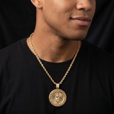 Shepherd Cuban Circle Engraved Saints Pendant