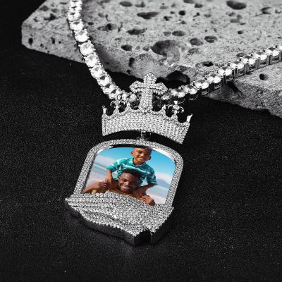 Iced Out Cross Crown Praying Hands Custom Photo Pendant