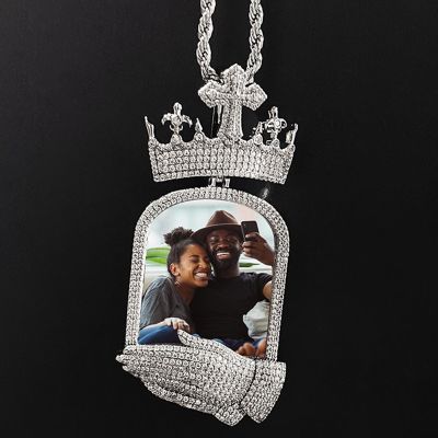 Iced Out Cross Crown Praying Hands Custom Photo Pendant