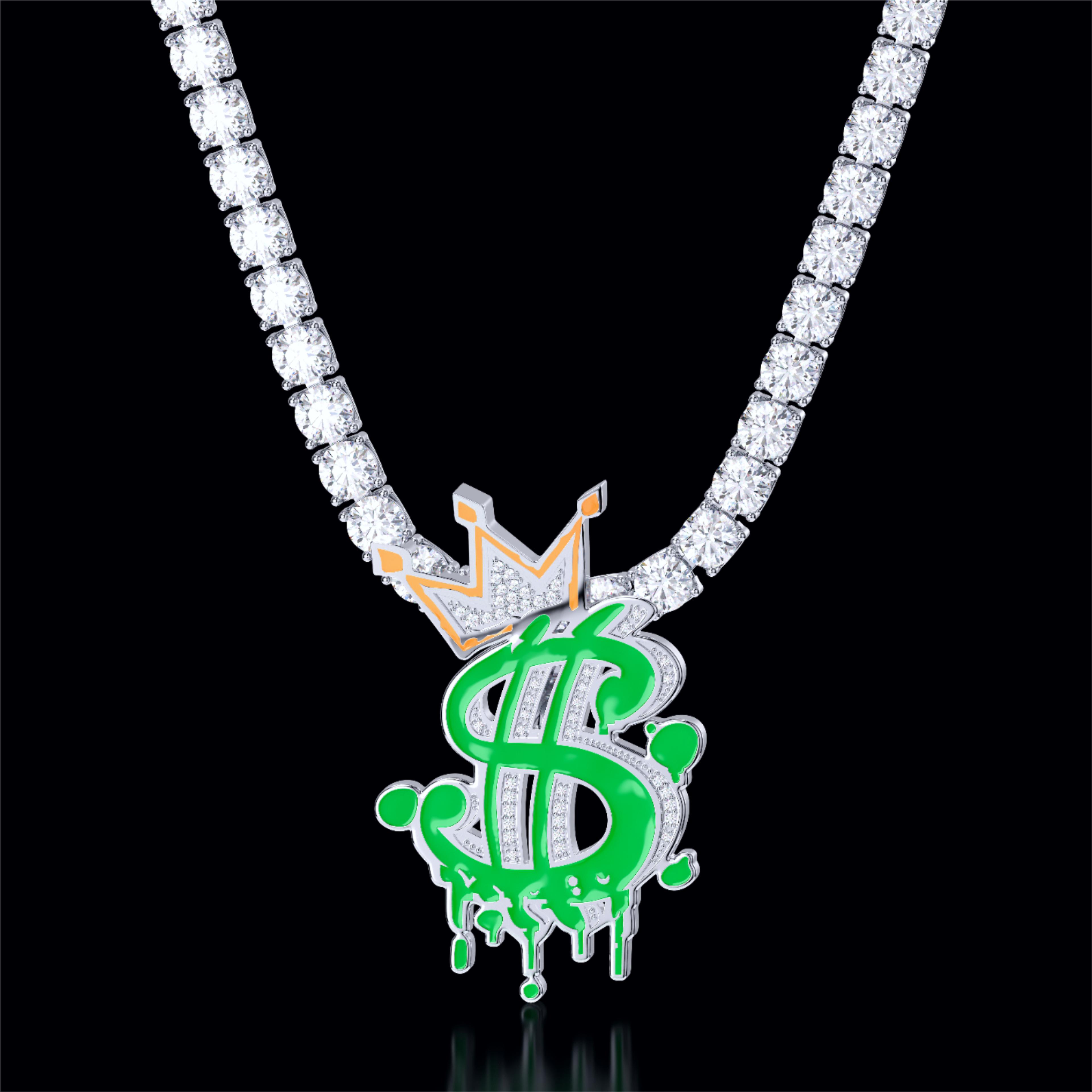 Glow in the Dark Iced Out Crown Dollar Sign Pendant