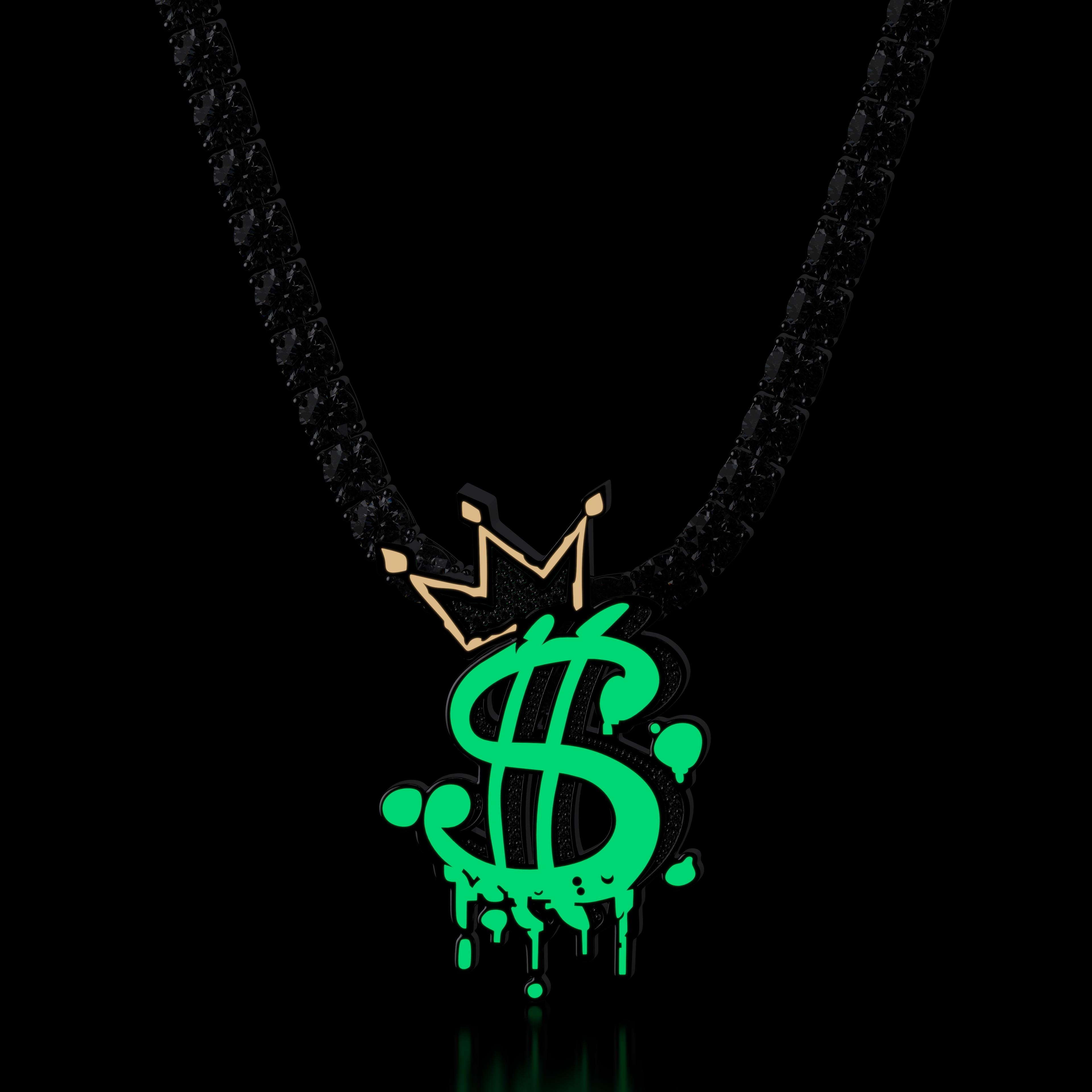 Glow in the Dark Iced Out Crown Dollar Sign Pendant