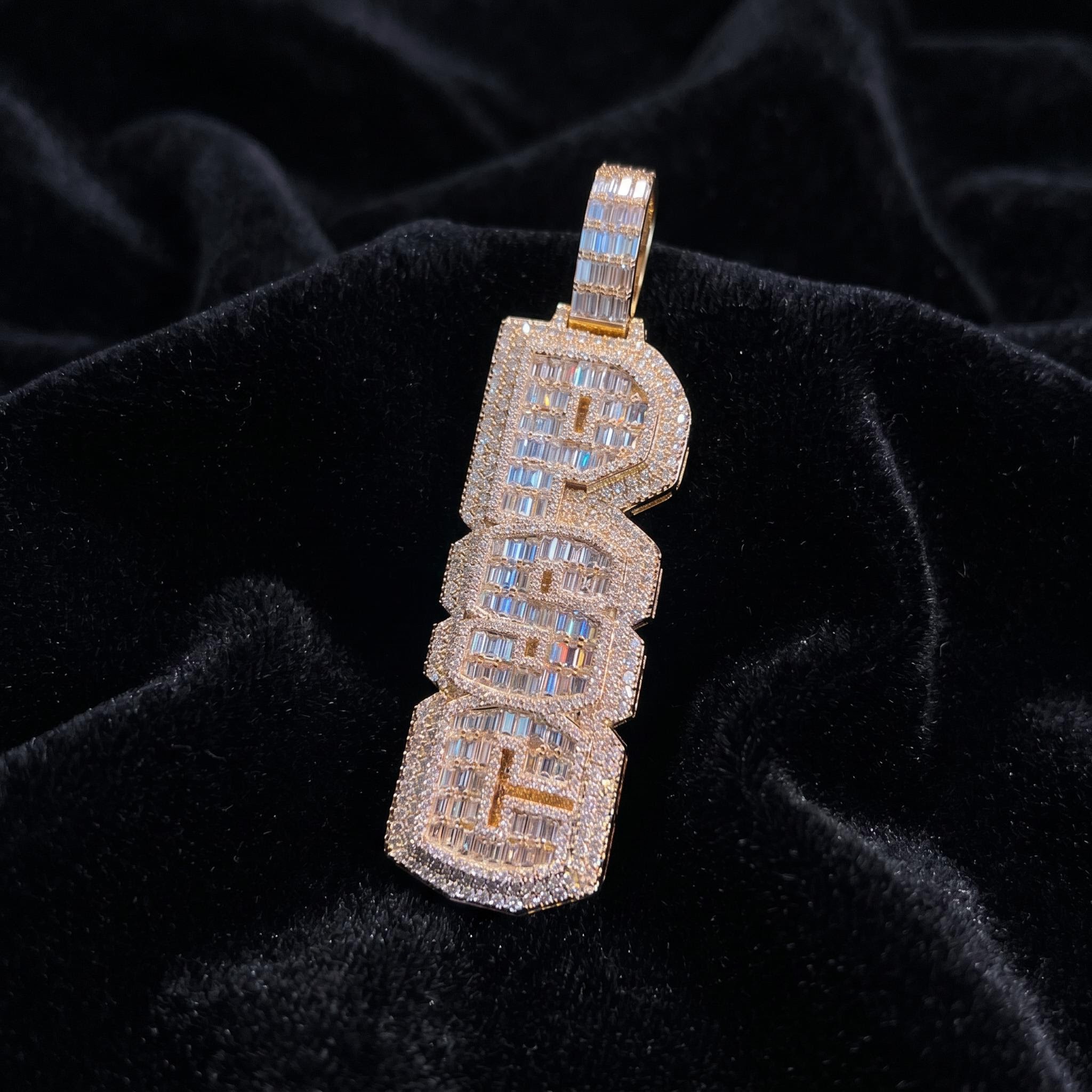Iced Custom Double Layer Baguette Cut Vertical Letter Pendant Iced Custom Double Layer Baguette Cut Vertical Letter Pendant