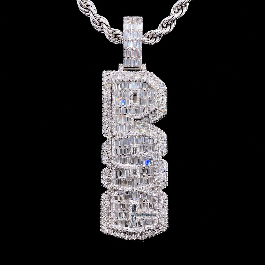 Iced Custom Double Layer Baguette Cut Vertical Letter Pendant Iced Custom Double Layer Baguette Cut Vertical Letter Pendant