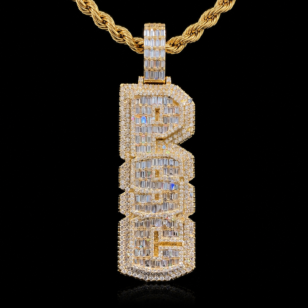Iced Custom Double Layer Baguette Cut Vertical Letter Pendant Iced Custom Double Layer Baguette Cut Vertical Letter Pendant