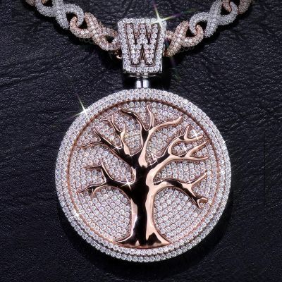 Iced Out Initial Letter Tree of Life Two-tone Pendant