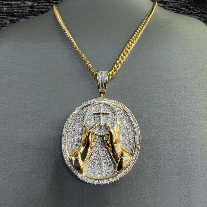 Iced Out Hands with Cross Round Pendant