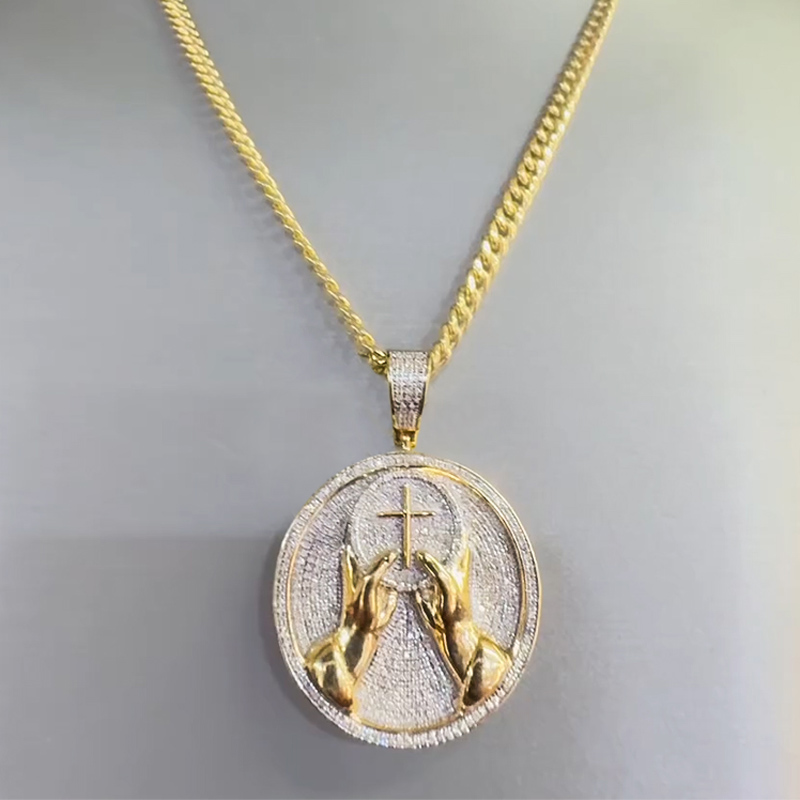 Iced Out Hands with Cross Round Pendant