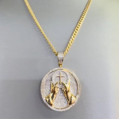 Iced Out Hands with Cross Round Pendant