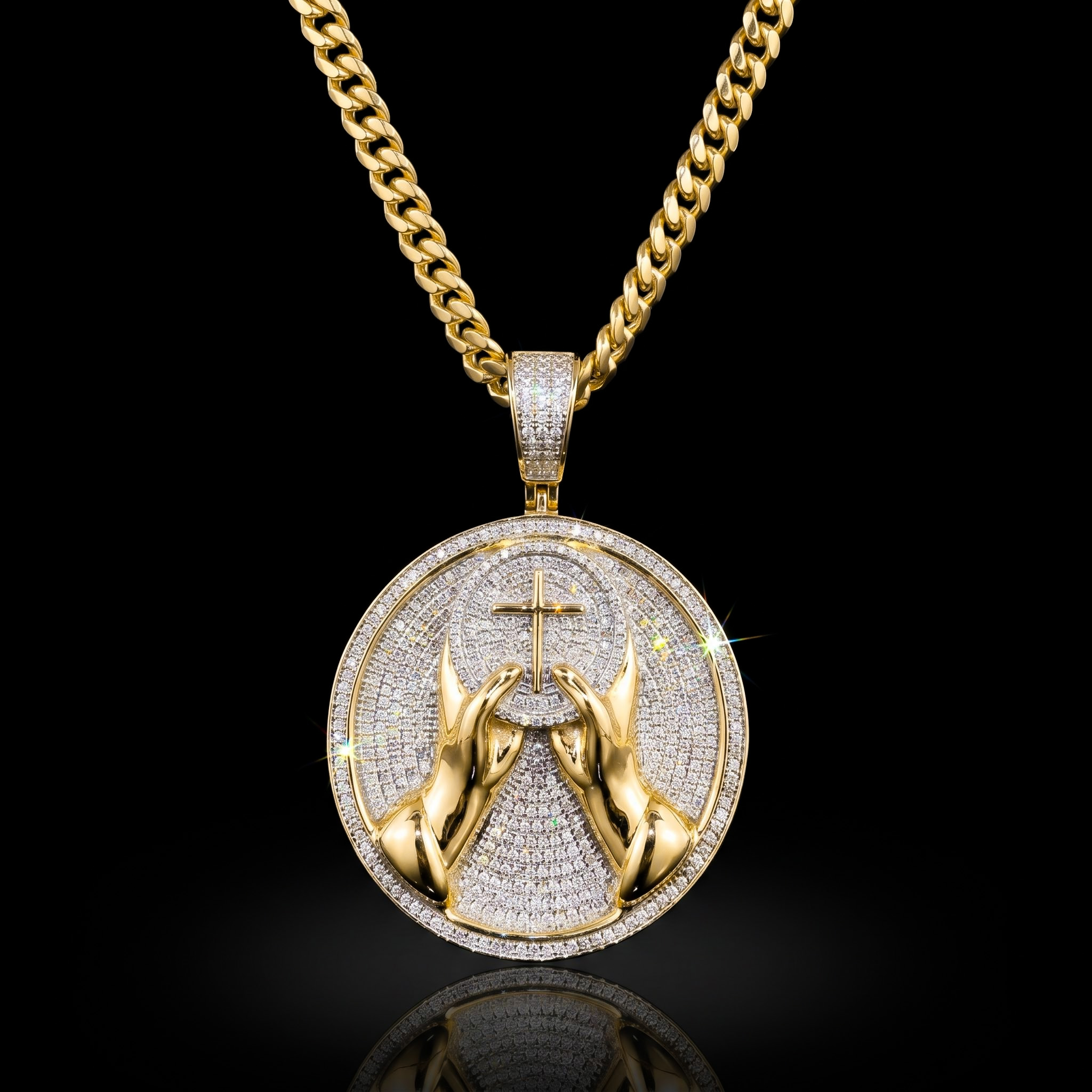 Iced Out Hands with Cross Round Pendant
