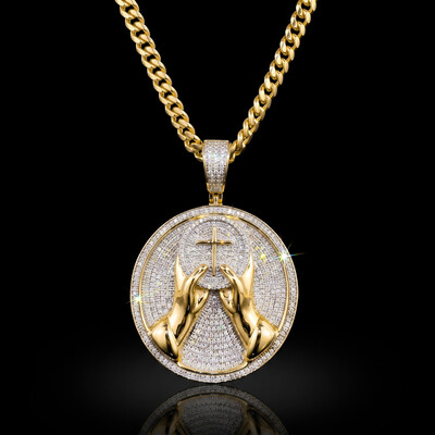 Iced Out Hands with Cross Round Pendant