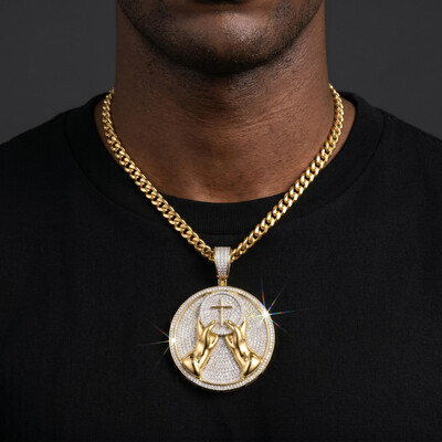 Iced Out Hands with Cross Round Pendant