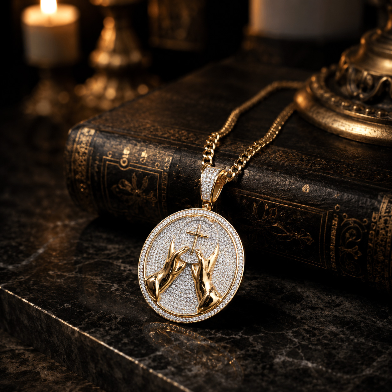 Iced Out Hands with Cross Round Pendant