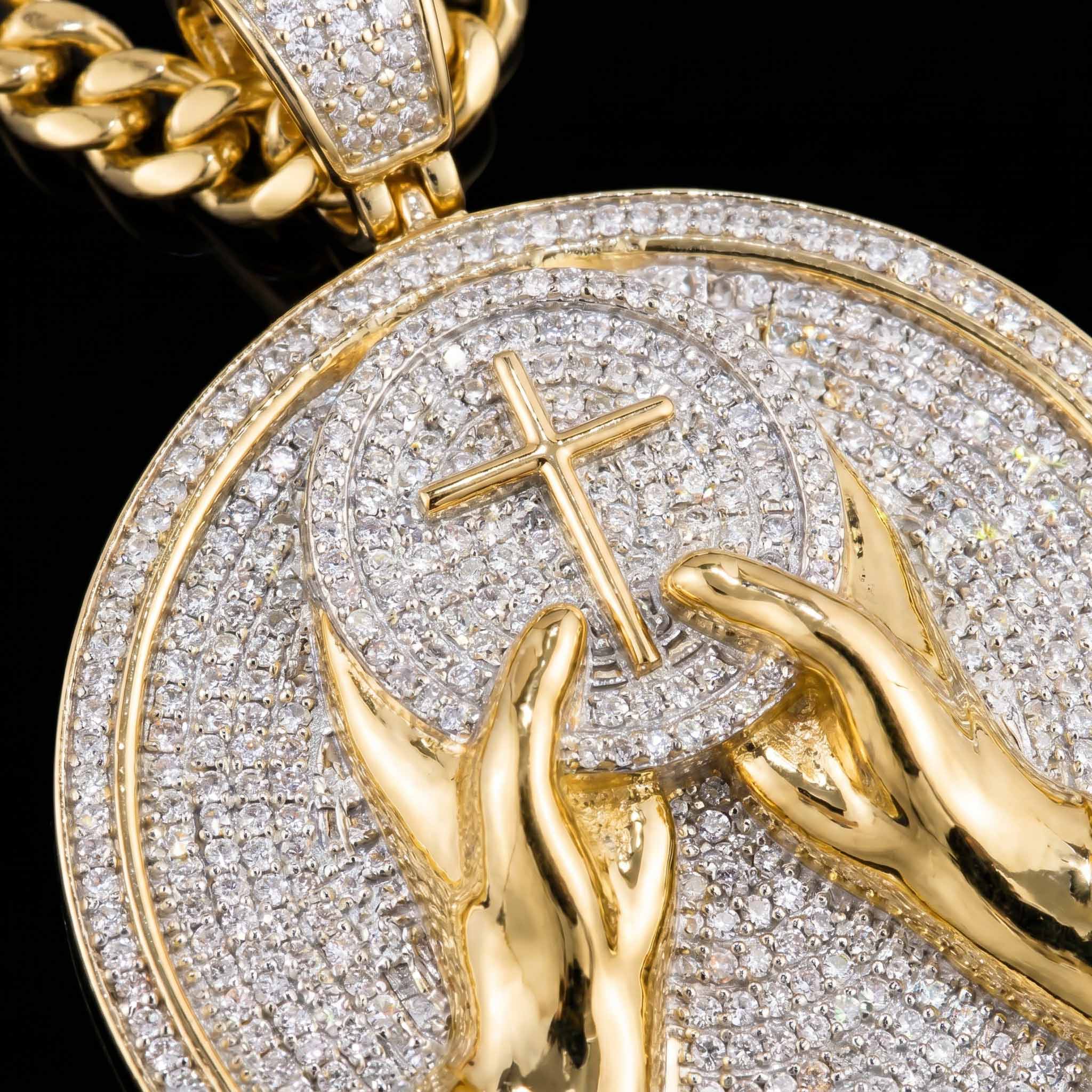 Iced Out Hands with Cross Round Pendant