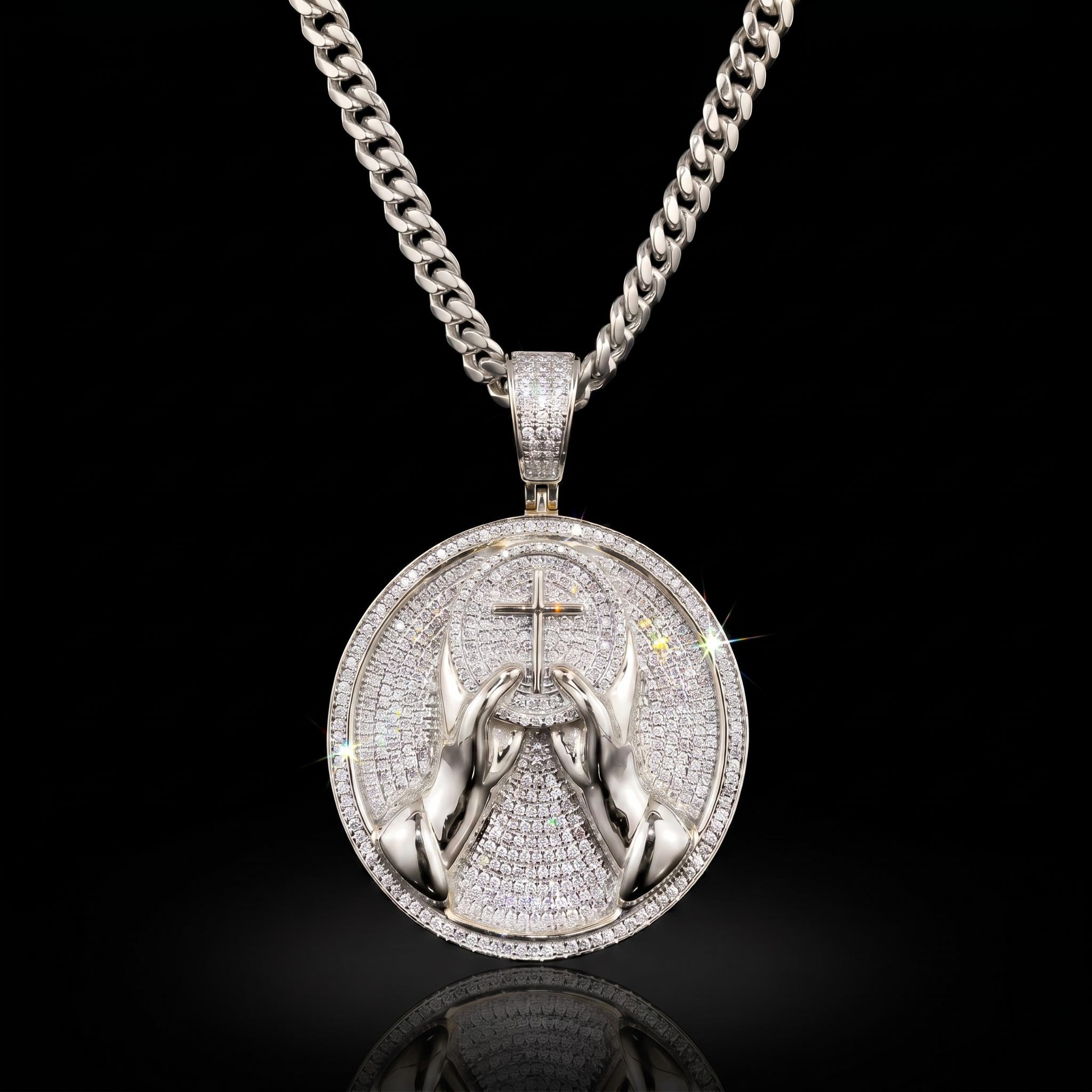 Iced Out Hands with Cross Round Pendant