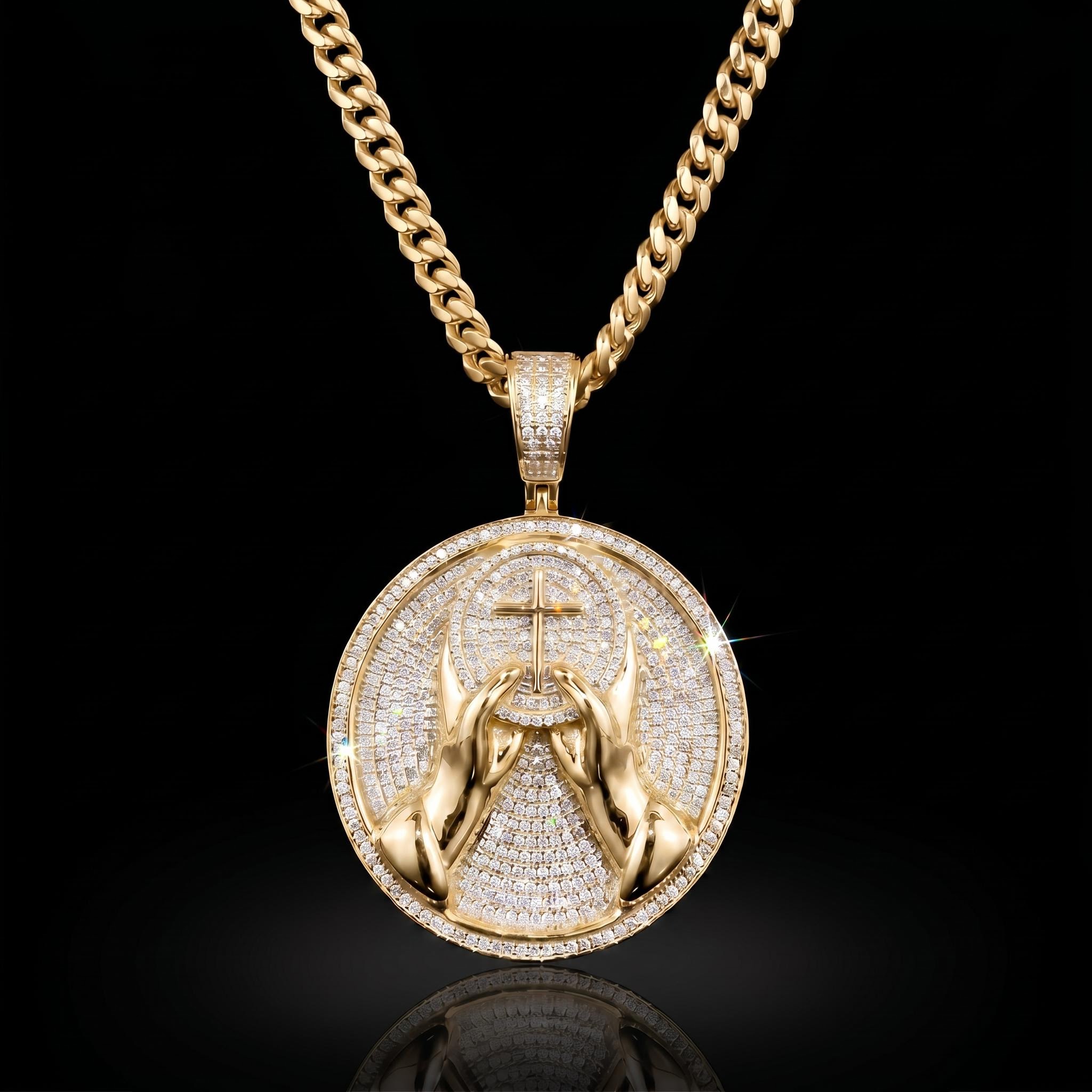 Iced Out Hands with Cross Round Pendant