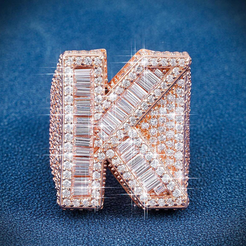 Iced Out Baguette Cut Alphabet Letters Ring in Rose Gold