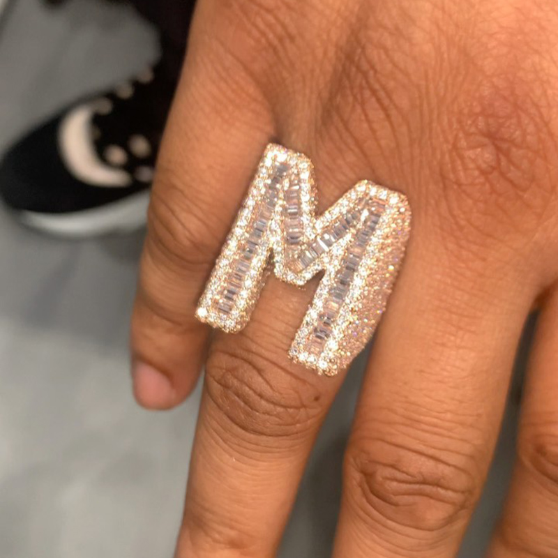 Iced Out Baguette Cut Alphabet Letters Ring in Rose Gold