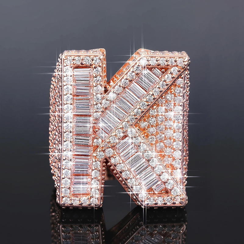 Iced Out Baguette Cut Alphabet Letters Ring in Rose Gold