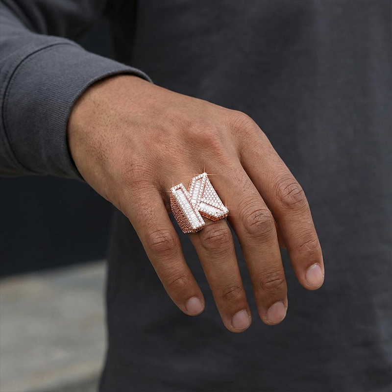 Iced Out Baguette Cut Alphabet Letters Ring in Rose Gold