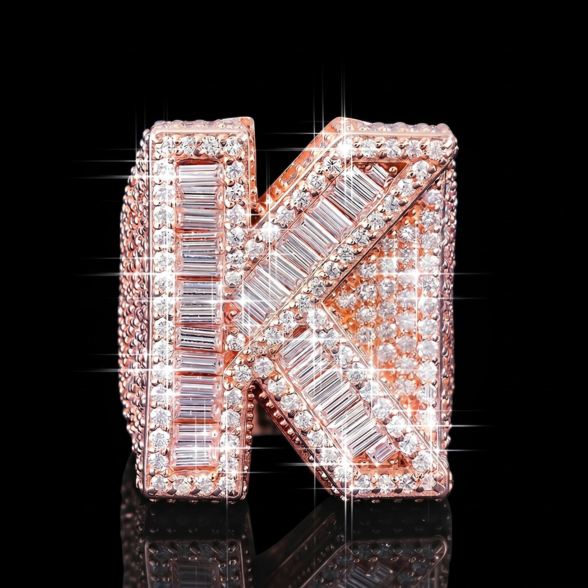 Iced Out Baguette Cut Alphabet Letters Ring in Rose Gold Iced Out Baguette Cut Alphabet Letters Ring in Rose Gold