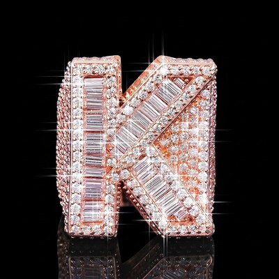 Iced Out Baguette Cut Alphabet Letters Ring in Rose Gold