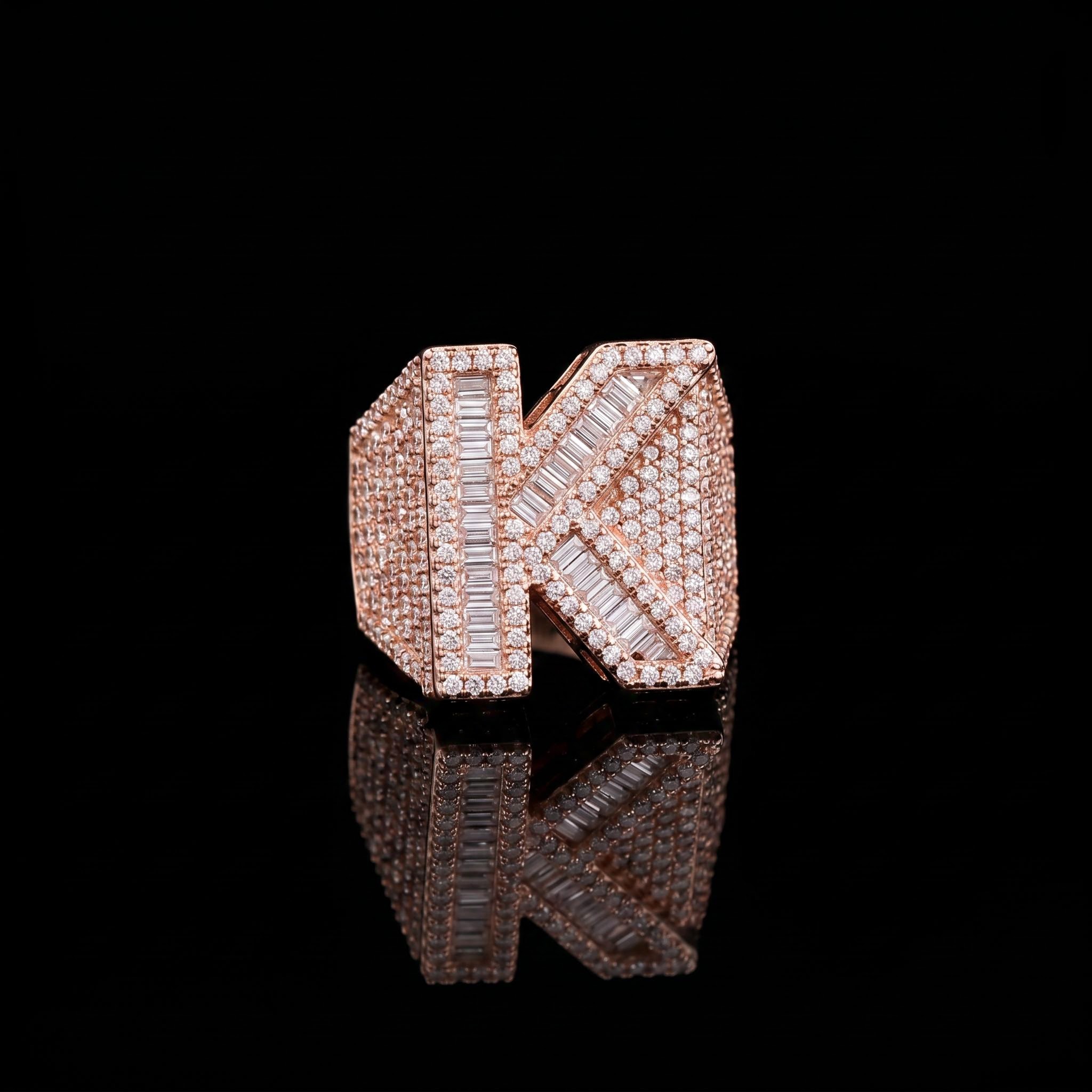 Iced Out Baguette Cut Alphabet Letters Ring in Rose Gold Iced Out Baguette Cut Alphabet Letters Ring in Rose Gold