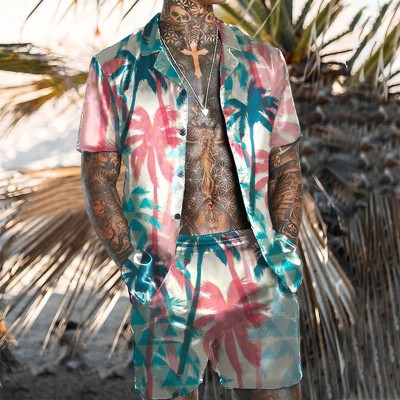Tropical Botanical Print Cuban Collar Shirt Beach Set