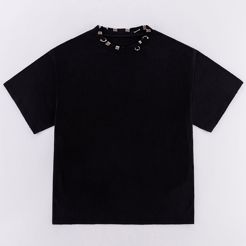 Unisex Washed Collar Perforated Hardware Removable Iron Button T-Shirt