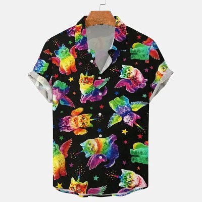 Colorful Winged Cat Print Shirt