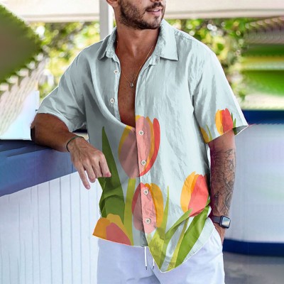 Tulip Printed Linen Hawaiian Shirt
