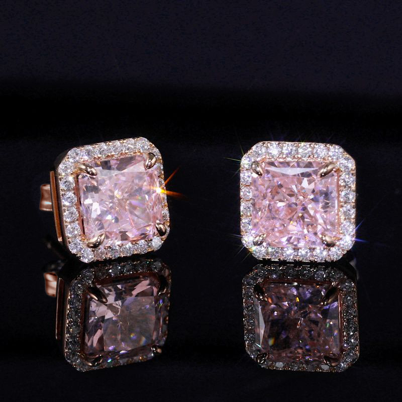 Halo Pink Radiant Cut Earrings in S925 Sterling Silver