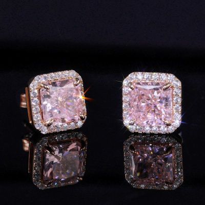 Halo Pink Radiant Cut Earrings in S925 Sterling Silver