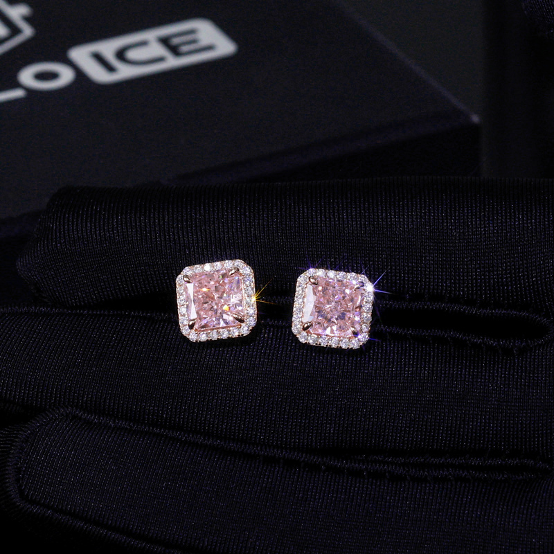 Halo Pink Radiant Cut Earrings in S925 Sterling Silver