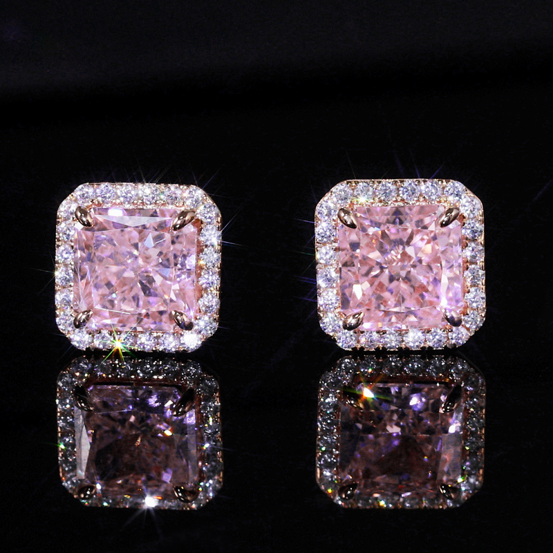 Halo Pink Radiant Cut Earrings in S925 Sterling Silver