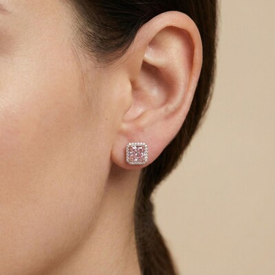 Halo Pink Radiant Cut Earrings in S925 Sterling Silver