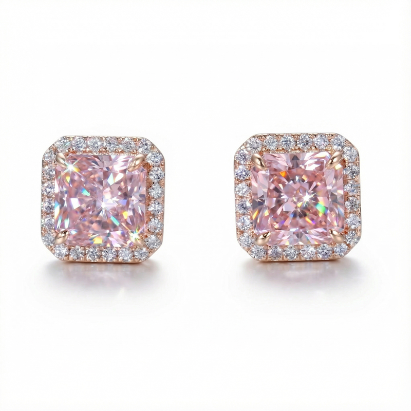 Halo Pink Radiant Cut Earrings in S925 Sterling Silver Halo Pink Radiant Cut Earrings in S925 Sterling Silver
