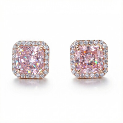 Halo Pink Radiant Cut Earrings in S925 Sterling Silver