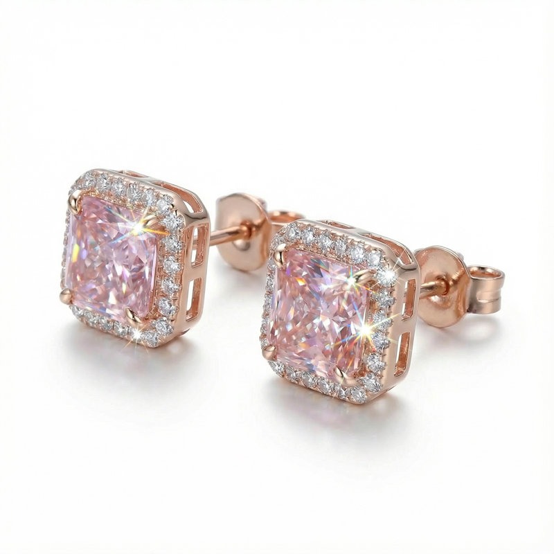 Halo Pink Radiant Cut Earrings in S925 Sterling Silver Halo Pink Radiant Cut Earrings in S925 Sterling Silver