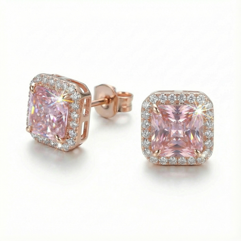 Halo Pink Radiant Cut Earrings in S925 Sterling Silver Halo Pink Radiant Cut Earrings in S925 Sterling Silver