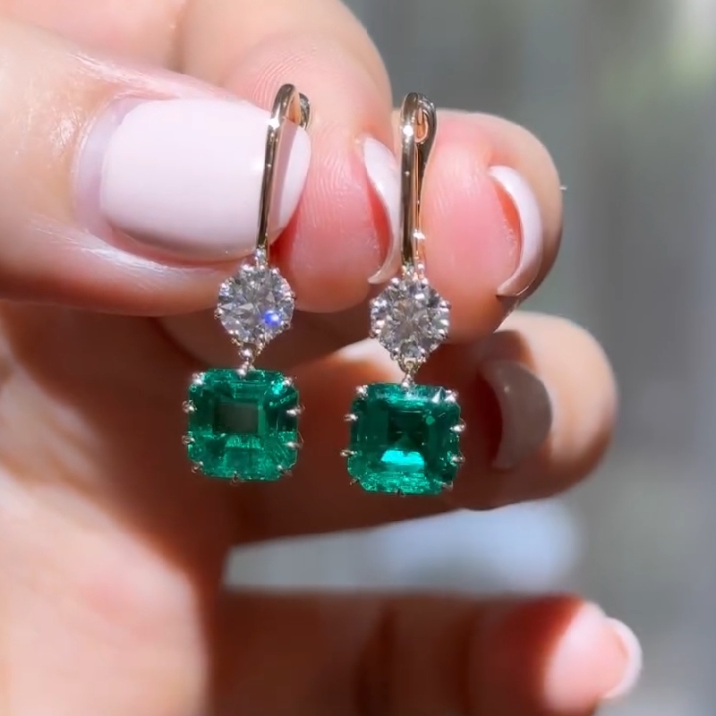 Emerald Asscher Cut with Round Diamond Drop Earrings