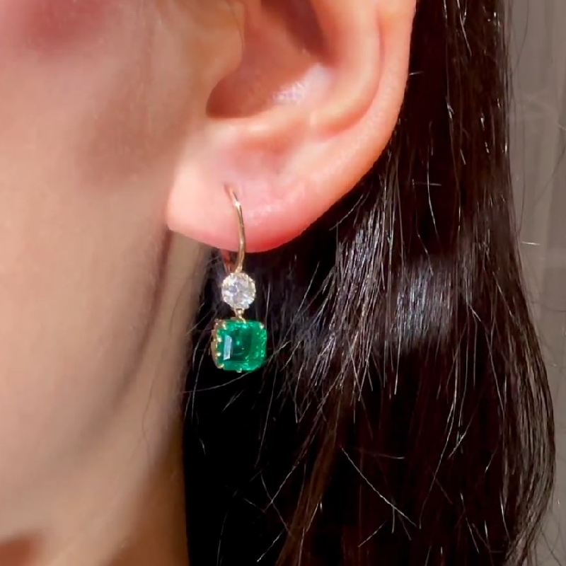 Emerald Asscher Cut with Round Diamond Drop Earrings