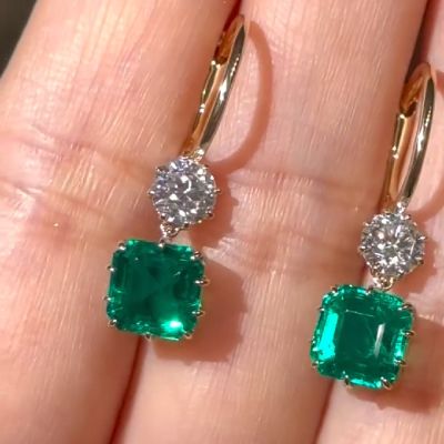 Emerald Asscher Cut with Round Diamond Drop Earrings