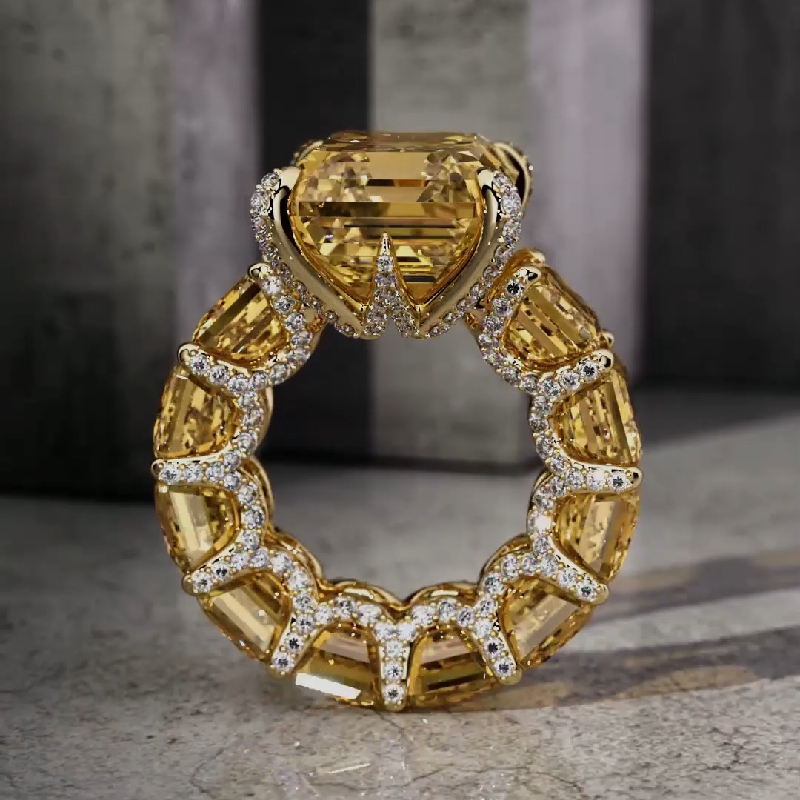 5Ct Stunning Fancy Yellow Radiant Cut Pave Ring in Gold