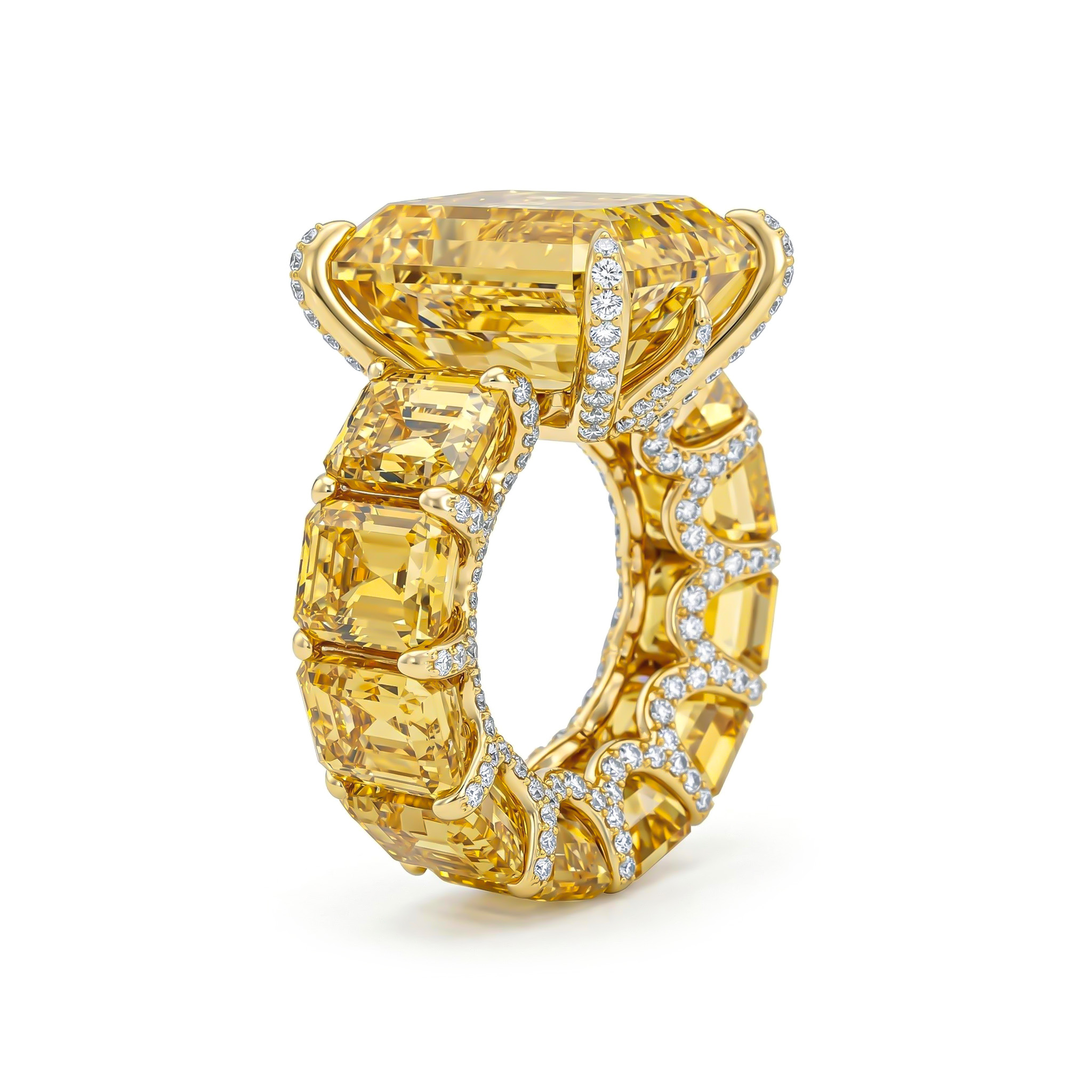 5Ct Stunning Fancy Yellow Emerald Cut Pave Ring in Gold