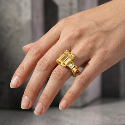 5Ct Stunning Fancy Yellow Emerald Cut Pave Ring in Gold